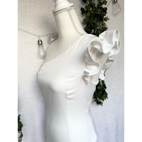 DO + BE White Ruffled One Sleeve Asymmetrical Mini Dress Small - Picture 6 of 14